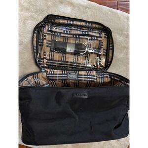 Modella Black Nylon Large Travel Train Case Makeup Bag Plaid Lining with Strap